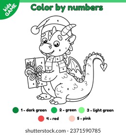 Coloring page by numbers for children with dragon in Christmas red santa claus hat. Color cartoon holiday dragon with a gift in paws. Activity for kids. Vector outline illustration of symbol new year.