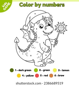 Coloring page by numbers for children. Symbol of the Chinese New Year 2024 is dragon. Color the cartoon holiday dragon with a sparkler in paws and in red hat of Santa. Activity kids book. Vector.