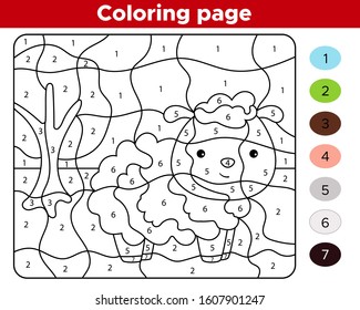 Coloring page by numbers. Cute cartoon farm animal - sheep. Educational game for preschool children.