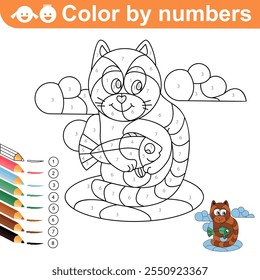 Colorindo página por números. Gato bonito com peixe. Quebra-cabeça para colorir com números para crianças. Gatinho com peixe. Planilha na escola, em casa. Ilustração do vetor de esboço