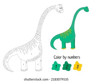 Coloring page by numbers. Funny dinosaur. Educational game for preschool kids, learn numbers and colors