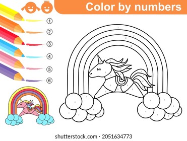 Coloring page by numbers. Unicorn on clouds and rainbow. Coloring puzzle with numbers for kids. Worksheet at school, home. Sketch. Vector.