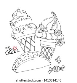 Coloring page with cake, cupcake, candy and other dessert. Sweet dessert coloring book. Vector isolated dessert.