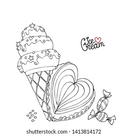 Coloring page with cake, cupcake, candy and other dessert. Sweet dessert coloring book. Vector isolated dessert.