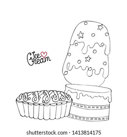 Coloring page with cake, cupcake, candy and other dessert. Sweet dessert coloring book. Vector isolated dessert.