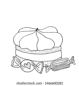 Coloring page with cake, cupcake, candy and other dessert. Sweet dessert for coloring book or page. Vector isolated dessert.