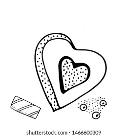 Coloring page with cake, cupcake, candy and other dessert. Sweet dessert for coloring book or page. Vector isolated dessert.