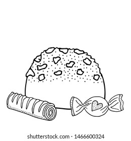 Coloring page with cake, cupcake, candy and other dessert. Sweet dessert for coloring book or page. Vector isolated dessert.