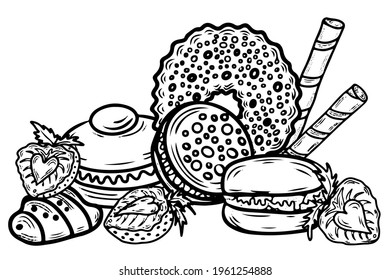 Coloring page with cake, cupcake, candy and other dessert with berry. Sweet dessert coloring book. Vector activity page.