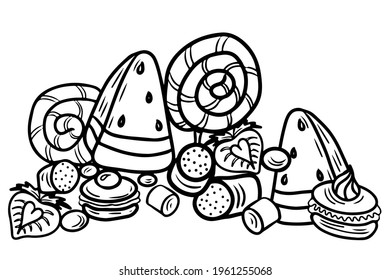 Coloring page with cake, cupcake, candy and other dessert with berry. Sweet dessert coloring book. Vector activity page.