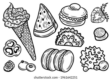 Coloring page with cake, cupcake, candy and other dessert with berry. Sweet dessert coloring book. Vector activity page.