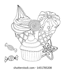 Coloring page with cake, ice cream, cupcake, candy and other dessert. Sweet dessert coloring book. Vector isolated dessert