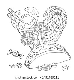 Coloring page with cake, ice cream, cupcake, candy and other dessert. Sweet dessert coloring book. Vector isolated dessert