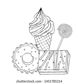 Coloring page with cake, ice cream, cupcake, candy and other dessert. Sweet dessert coloring book. Vector isolated dessert