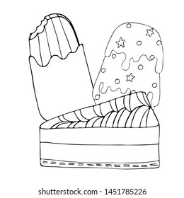 Coloring page with cake, ice cream, cupcake, candy and other dessert. Sweet dessert coloring book. Vector isolated dessert