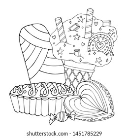 Coloring page with cake, ice cream, cupcake, candy and other dessert. Sweet dessert coloring book. Vector isolated dessert