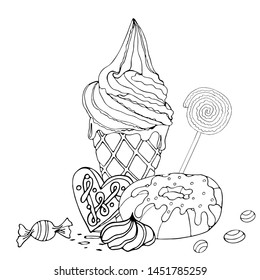 Coloring Page Cake Ice Cream Cupcake Stock Vector (Royalty Free ...