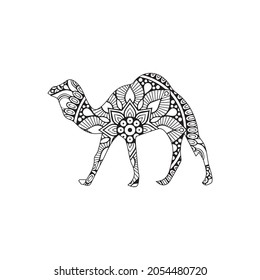 Coloring page of camel. Freehand sketch drawing for adult antistress coloring book in zentangle style.