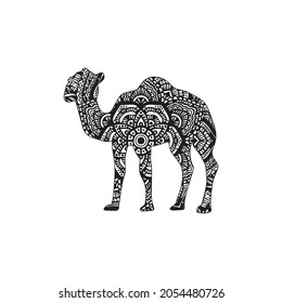 Coloring page of camel. Freehand sketch drawing for adult antistress coloring book in zentangle style.