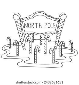 Coloring page with candy cane forest. Black and white Christmas illustration. Line drawn North Pole. Isolated on white.
