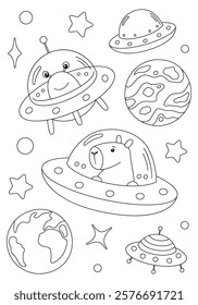 Coloring page with capybara and alien flaying on spaceships. Vector template for children's coloring book, print and poster.