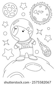 Coloring page with capybara astronaut, moon, and stars. Vector template for children coloring book, print and poster.