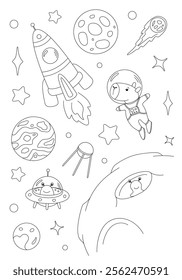 Coloring page with capybara astronaut, rocket, moon, alien and stars. Vector template for children's coloring book, print and poster.