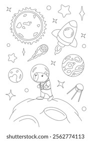 Coloring page with capybara astronaut, rocket, moon, and stars. Vector template for children's coloring book, print and poster.