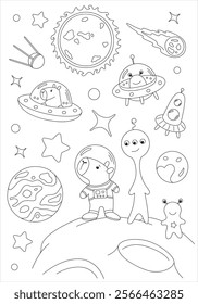 Coloring page with capybara astronaut, rocket, moon and two alien. Vector template for children's coloring book, print and poster.