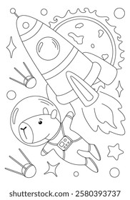 Coloring page with capybara astronaut, rocket, moon, and sun. Vector template for children's coloring book, print and poster.