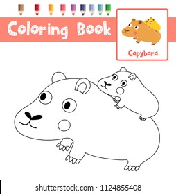 Coloring page of Capybara mother and child animals for preschool kids activity educational worksheet. Vector Illustration.