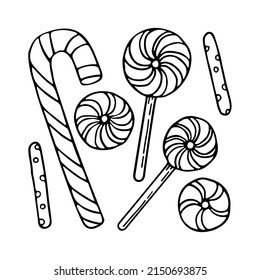 Coloring page caramel candies. Holiday sweets. Lollipop on a stick. Hand drawn vector doodle illustration. Coloring book for children and adults. Black and white sketch line art.