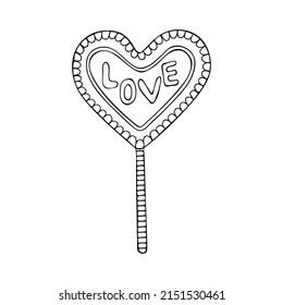 Coloring page caramel candies. Holiday sweets. Lollipop on a stick. Hand drawn vector doodle illustration. Coloring book for children and adults. Black and white sketch line art.
