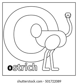 Coloring page or card for kids with English animals zoo alphabet. Ostrich, letter O vector illustration