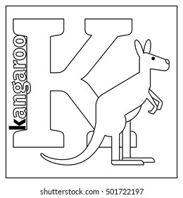 Coloring page or card for kids with English animals zoo alphabet. Kangaroo, letter K vector illustration