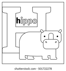 Coloring page or card for kids with English animals zoo alphabet. Hippo, letter H vector illustration