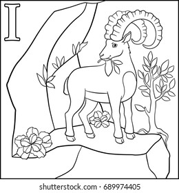 Coloring page. Cartoon animals alphabet. I is for Ibex.