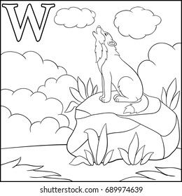 Coloring page. Cartoon animals alphabet. W is for Wolf.