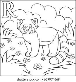 Coloring page. Cartoon animals alphabet. R is for Red Panda.