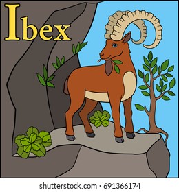 Coloring page. Cartoon animals alphabet. I is for Ibex.