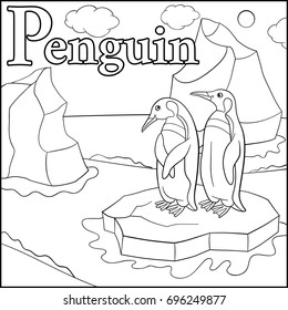 Coloring page. Cartoon animals alphabet. P is for Penguin.