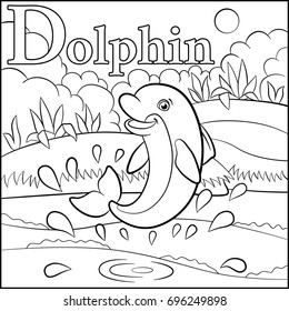 Coloring page. Cartoon animals alphabet. D is for Dolphin.