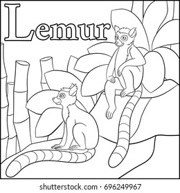 Coloring page. Cartoon animals alphabet. L is for Lemur.