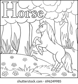 Coloring page. Cartoon animals alphabet. H is for Horse.