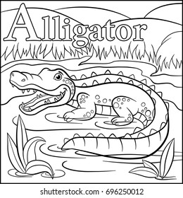 Coloring page. Cartoon animals alphabet. A is for Alligator.