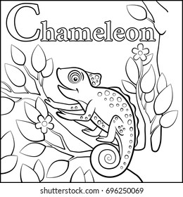 Coloring page. Cartoon animals alphabet. C is for Chameleon.