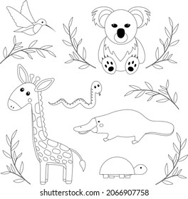 Coloring page cartoon animals vector illustration. Isolated outline animals for coloring book. Vector black and white outline animals. Hummingbird, panda, giraffe, snake, platypus, turtle.