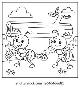 coloração de formigas desenhos trabalhando juntos para levar um log.illustration para livro de colorir crianças