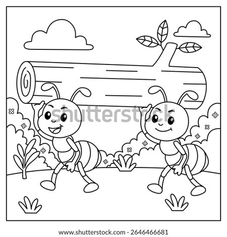 coloring page cartoon ants working together to carry a log.illustration for children's coloring book