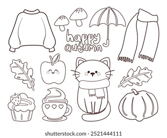 coloring page cartoon autumn vibes sticker set. cute sticker and doodle for coloring book